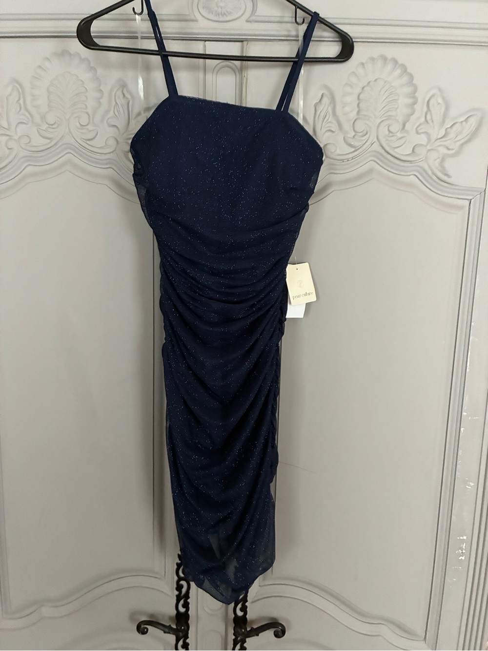 Sparkle Ruched Navy Mini Dress with Adjustable Straps